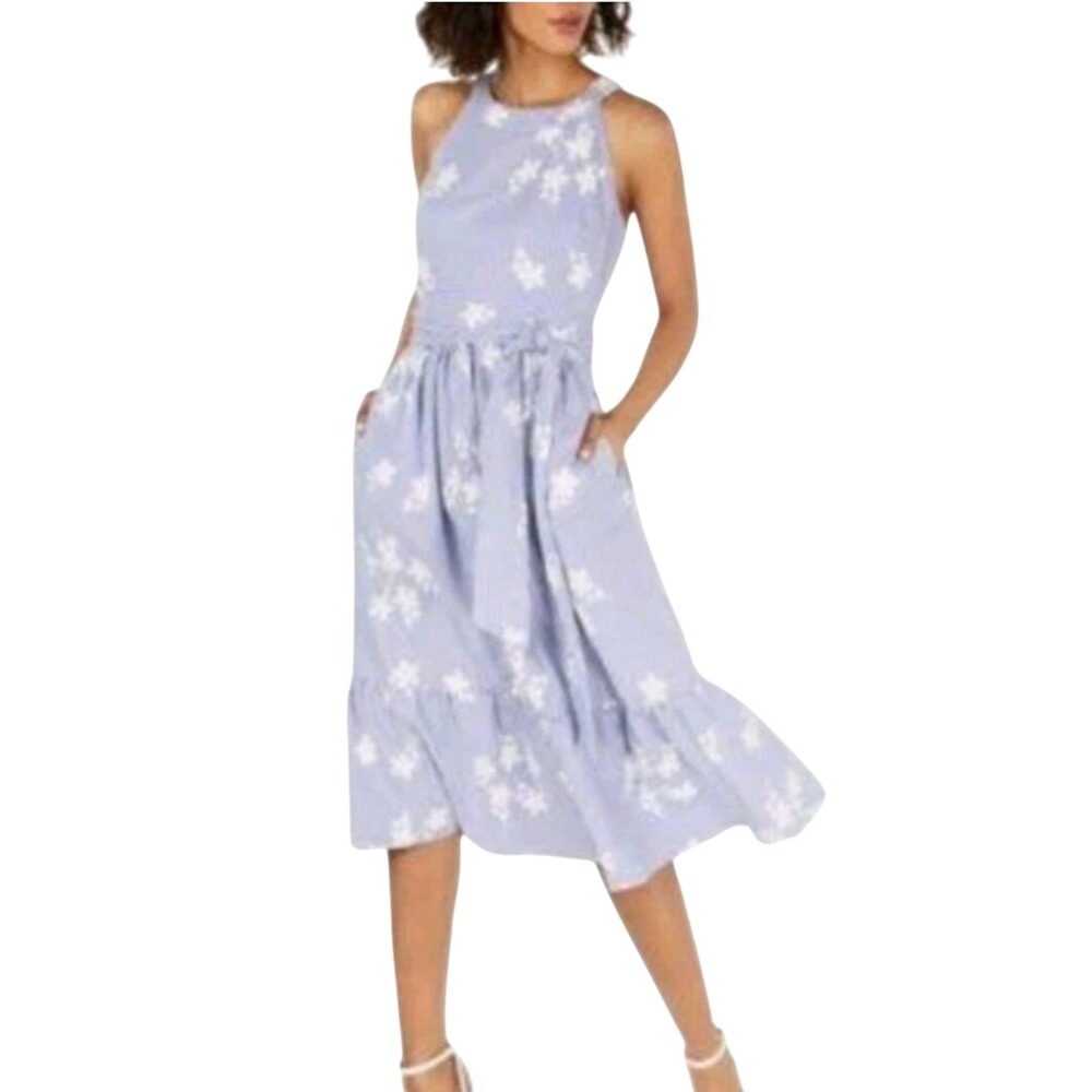 Jessica Howard Petite Striped Floral Fit Flare Midi Dress Size 12P Sleeveless